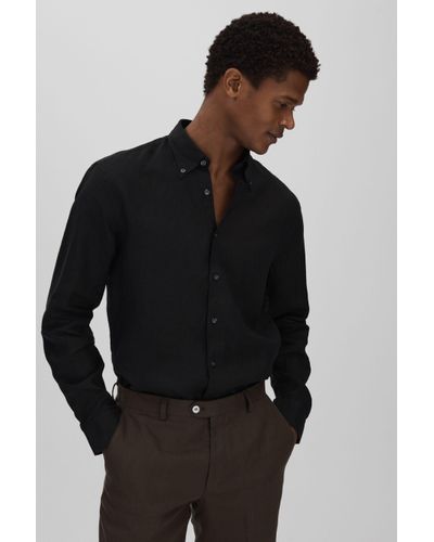 Oscar Jacobson Oscar Linen Button Down Collar Shirt - Black