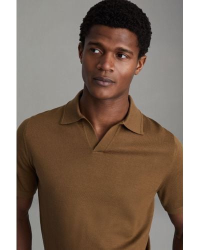 Reiss Duchie - Tobacco Brown Merino Wool Open Collar Polo Shirt, Xl