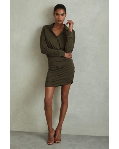 Reiss Victoria - Khaki Ruched Jersey Open-collar Mini Dress, Xs - Green
