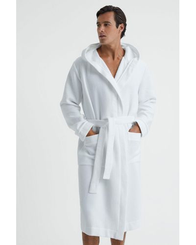 Reiss Coastal - White Textured Cotton Hooded Dressing Gown - Blue
