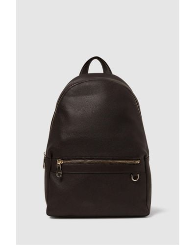 Reiss Drew Zipped Backpack - Dark Brown Leather Plain - Black