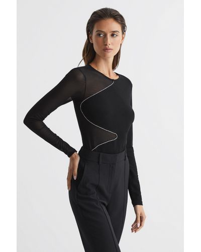 Reiss Felicity Mesh Diamanté Detail Bodysuit - Black Nylon
