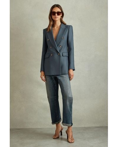 Reiss Fran - Blue Tailored Wool Blend Double Breasted Twill Blazer