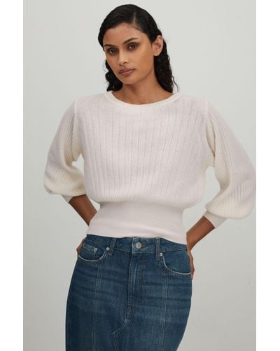 Crush Collection Cashmere Blouson Sleeve Jumper - White
