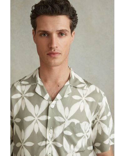 Reiss Marabel - Sage Green Relaxed Printed Cuban Collar Shirt - Multicolour