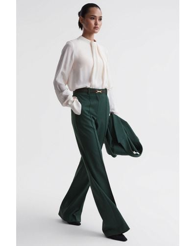 Reiss Jade - Bottle Green Wide Wide Leg Wool Blend Mid Rise Suit Trousers - Multicolour