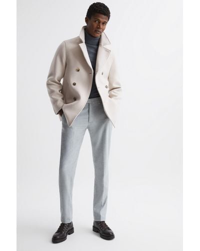 Reiss Wind - Ivory Shearling Mid Length Pea Coat, S - White