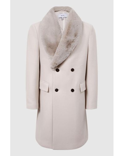 Reiss Bay - Ivory Double Breasted Faux Fur Collar Coat, L - Natural