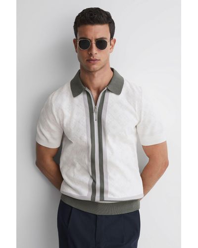 Reiss London - Ecru Slim Fit Cotton Knitted Half-zip Polo T-shirt - Grey