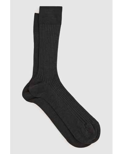 Reiss Feli Mid Grey Mercerised Socks - Dark Cotton Blend Ribbed - Black