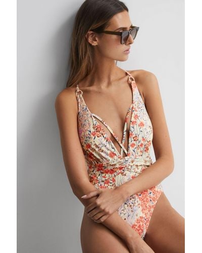 Reiss Isla - Pink Print Floral Print Plunge Neck Swimsuit - Brown