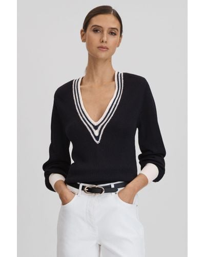 Reiss Tammy - Navy/white Crochet V-neck Jumper - Black