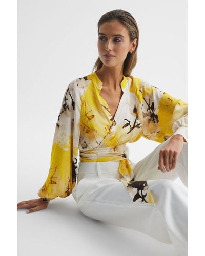 Reiss Odette - Yellow Floral Print Cropped Blouse, Us 0 - Metallic