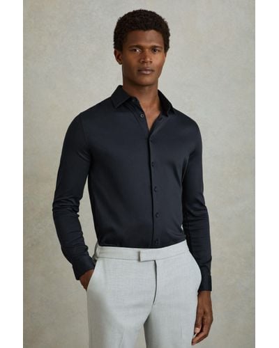 Reiss Viscount - Navy Slim Fit Mercerised Cotton Jersey Shirt - Blue