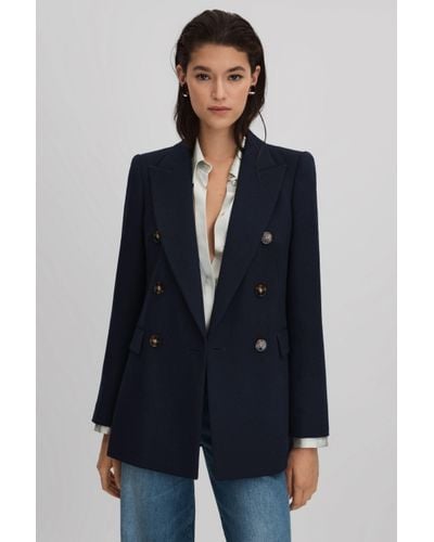 Reiss Lana - Navy Tailored Textured Wool Blend Double Breasted Blazer - Blue