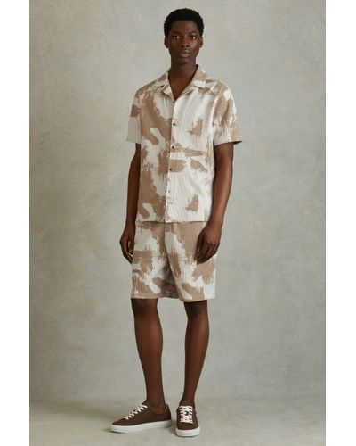Reiss Viceroy - Sand/white Brushstroke Print Cuban Collar Shirt - Natural
