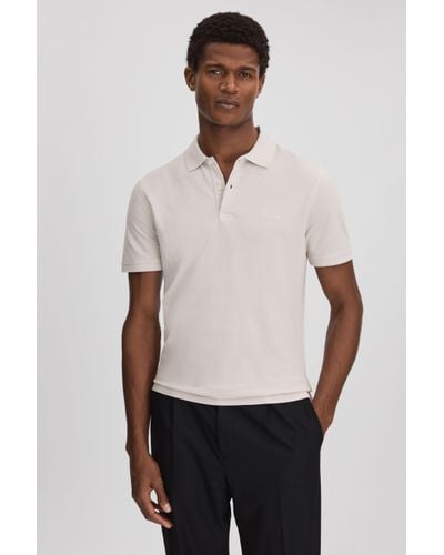 Reiss Peters - Ice Grey Slim Fit Garment Dyed Embroidered Polo Shirt - White