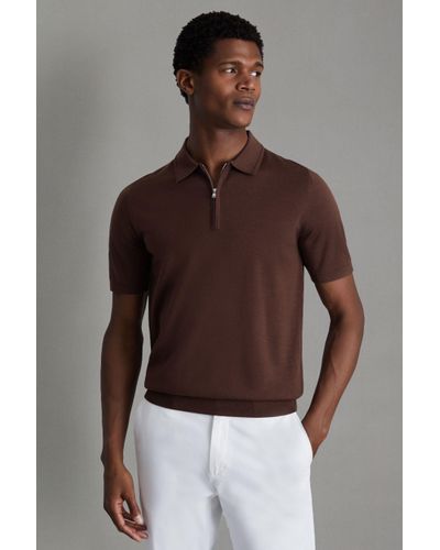 Reiss Maxwell - Treacle Brown Merino Wool Half-zip Polo Shirt, Xs