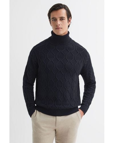 Reiss Alston - Navy Cable Knitted Roll Neck Jumper - Blue