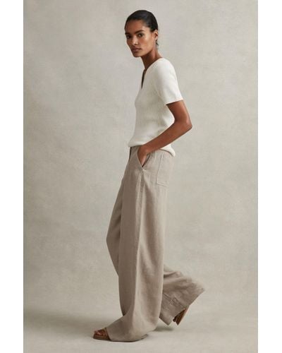 Reiss Demi - Light Khaki Linen Wide Leg Garment Dyed Trousers, Uk 4 R - Natural