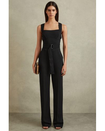 Reiss Kim - Black Cross Back Belted Jumpsuit - Natural