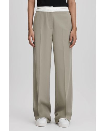 Reiss Whitley - Green Contrast Waistband Wide Leg Suit Trousers