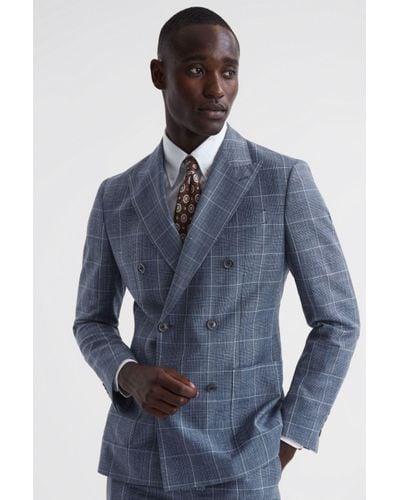 Reiss Aintree - Indigo Slim Fit Wool Linen Check Double Breasted Blazer - Blue