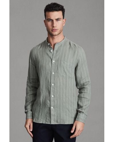 Reiss Ocean - Sage Stripe Linen Grandad Collar Shirt, L - Grey