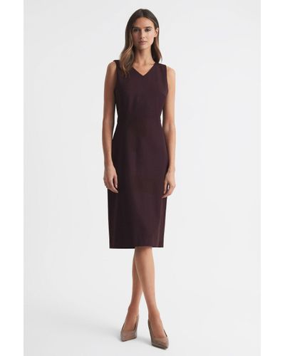 Reiss Jade - Berry Wool Blend Fitted Midi Dress - Red
