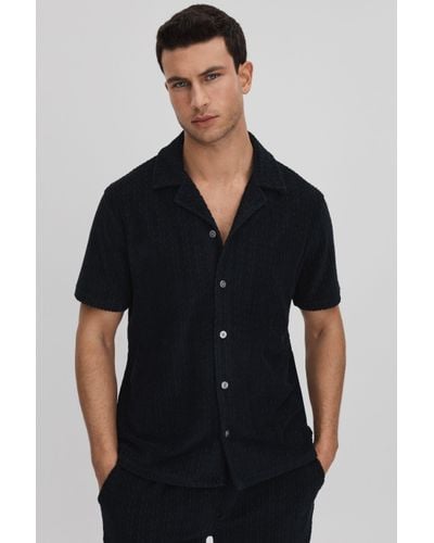 Reiss Bay - Navy Towelling Cuban Collar Shirt - Black
