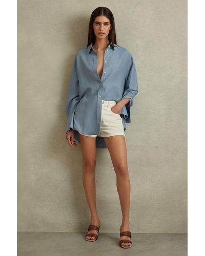 Reiss Sian - Blue Relaxed Fit Lyocell Linen Button Through Shirt