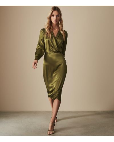 Reiss Synthetic Satin Wrap Dress in Olive (Green) | Lyst