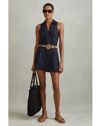 Reiss Mila - Navy Linen Double Breasted Belted Playsuit - Blue