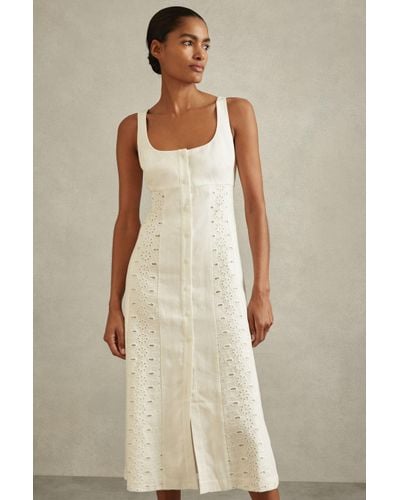 Reiss Clarice - Ivory Linen Broderie Midi Dress - Natural