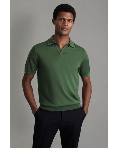 Reiss Duchie - Lizard Green Merino Wool Open Collar Polo Shirt, L
