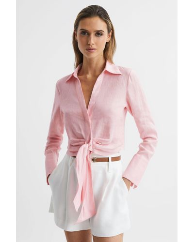 Reiss Dahlia - Pink Linen Cropped Tie Front Blouse, Us 0