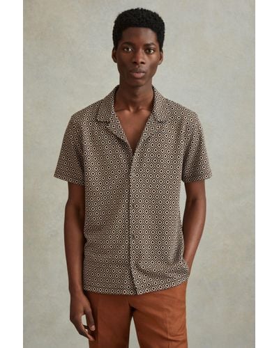 Reiss Grove - Multi Jacquard Cuban Collar Shirt - Brown