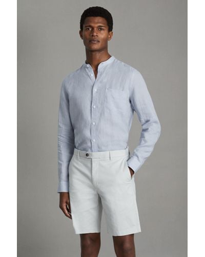 Reiss Ocean - Light Blue Linen Grandad Collar Shirt - Grey