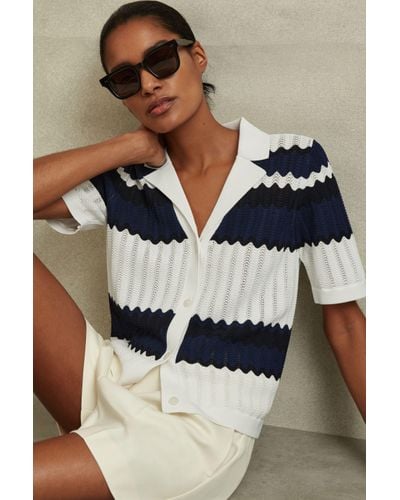Reiss Alba - Navy/white Knitted Colourblock Cuban Collar Shirt, M - Multicolour