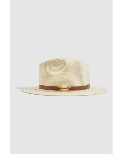 Reiss Gigi - Natural Faux Leather Trim Woven Hat