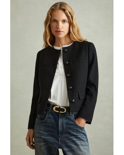 Reiss Nola - Black Cropped Wool Single Breasted Jacket