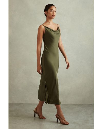 Reiss Isabel - Khaki Satin Cowl Neck Midi Dress - Green