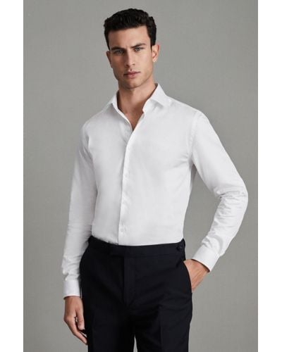 Reiss Reg - White Remote Cotton Satin Cutaway Collar Shirt - Black