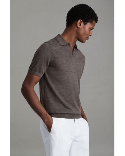 Reiss Duchie - Dark Brown Melange Merino Wool Open Collar Polo Shirt, L - Grey