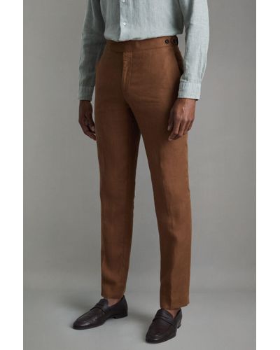 Reiss Kin - Tobacco Brown Slim Fit Linen Adjuster Trousers