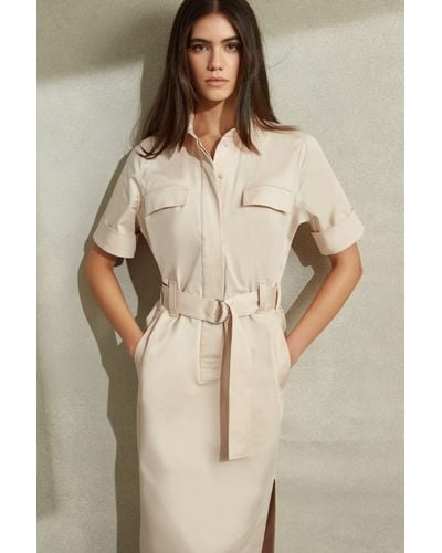 Reiss Aimie - Stone Cotton Blend Utility Belted Midi Dress - Natural