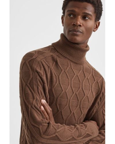 Reiss Alston - Tobacco Cable Knitted Roll Neck Jumper - Brown
