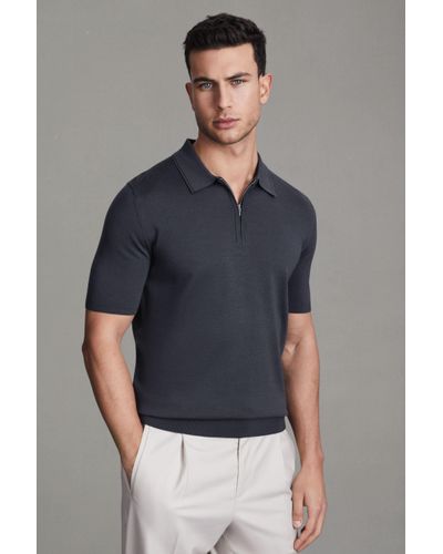 Reiss Maxwell - Blue Smoke Merino Wool Half-zip Polo Shirt, M - Grey
