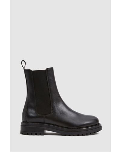 Reiss Thea - Black Boots Leather Pull On Chelsea Boots, Us 9.5