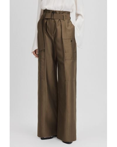 Reiss Maria - Khaki Wide Leg Paper Bag Trousers - Natural